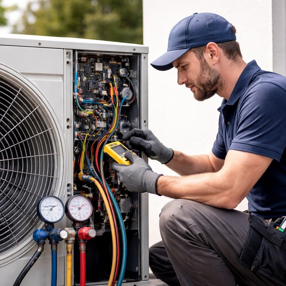 Technician servicing outdoor AC unit beside Bay County home during hot afternoon